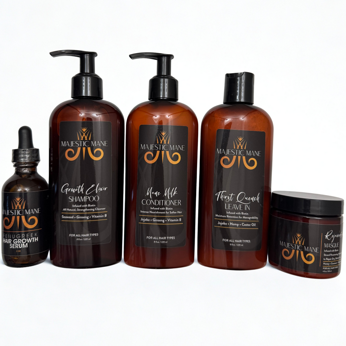 Rejuvenation Growth Bundle - Growth Elixir Shampoo + Mane Milk Conditioner + Majestic Mane Thirst Quench Leave-In Conditioner + Majestic Mane Rejuvenation Hair Mask + Fenugreek Hair Growth Serum - 30 oz